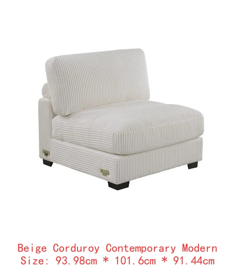 Beige 6-Piece Sectional Sofa Set with Corduroy Fabric, LAF Chair, Corner Wedge, RAF Chaise & 3 Armless Chairs