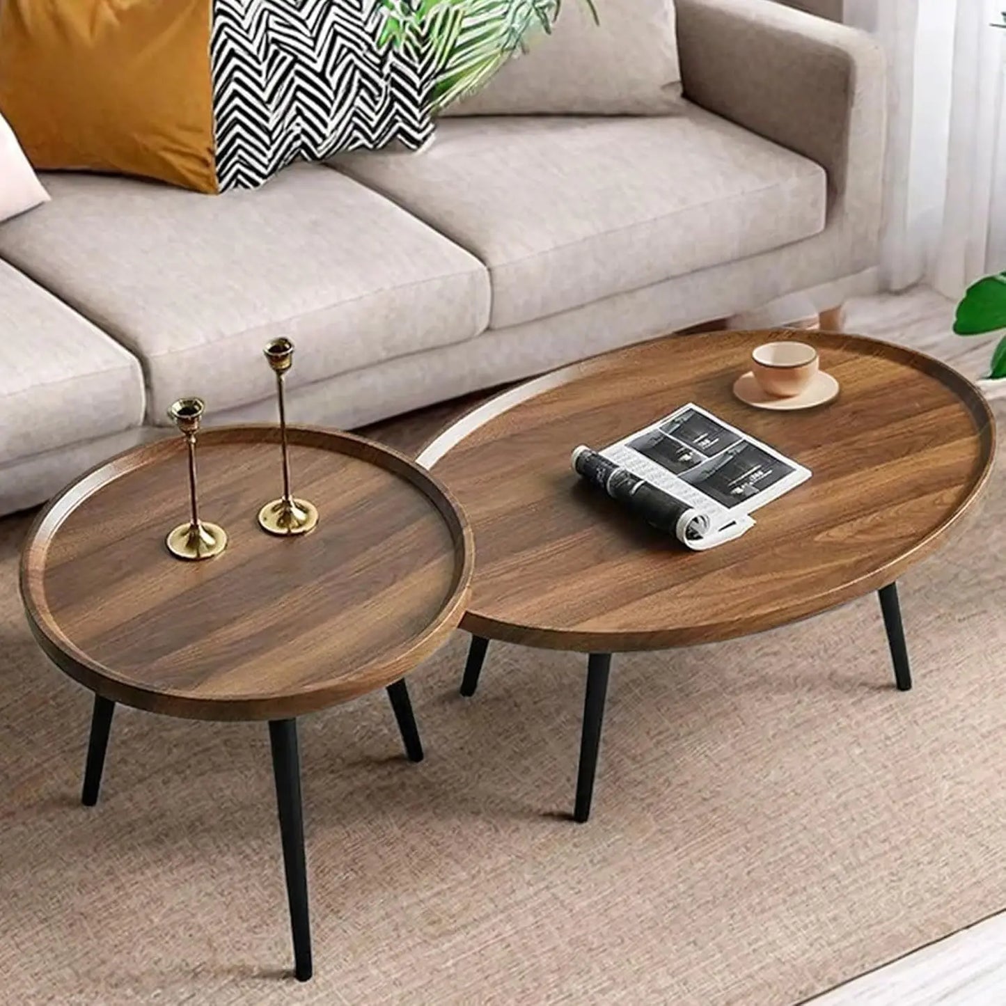 Mid-Century Modern Coffee Table, Oval + Round Side Table Set