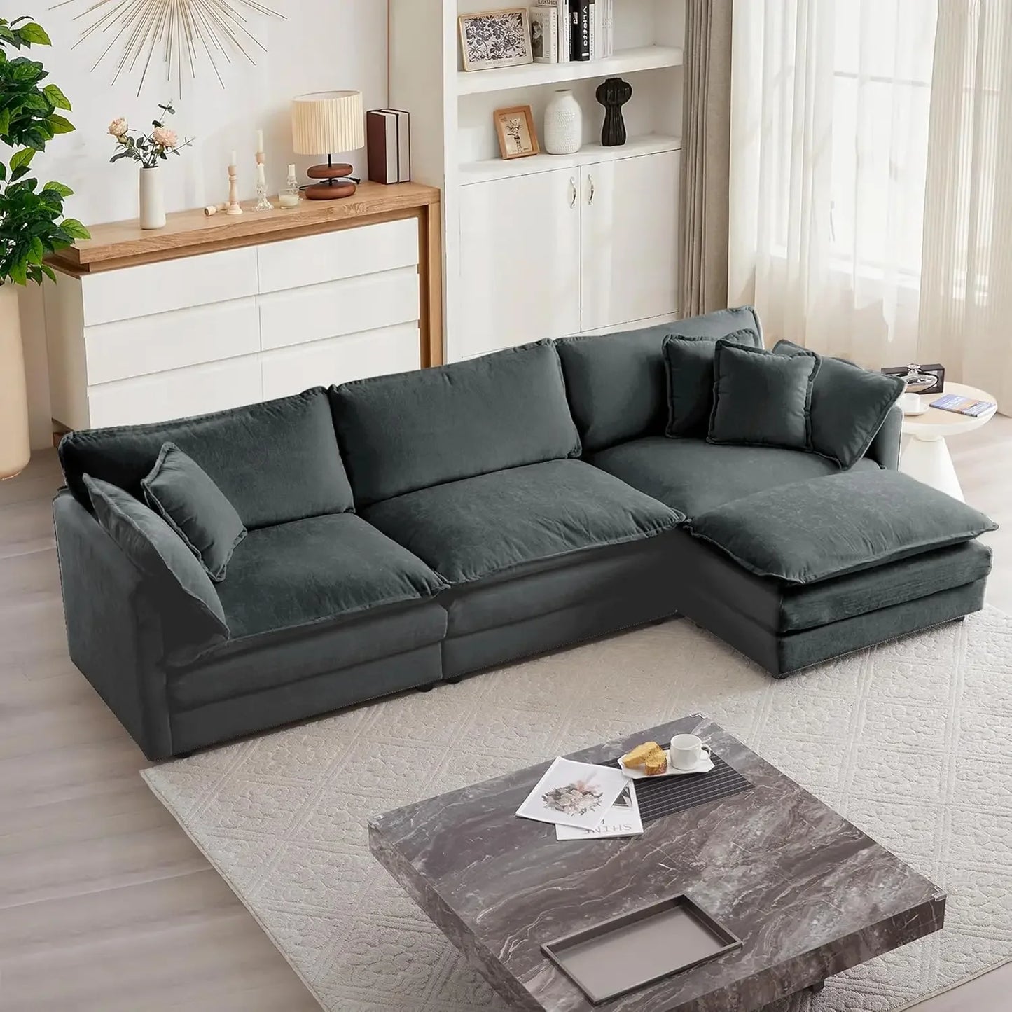 Modular L Shaped Sectional Cloud Sofa with Movable Ottoman