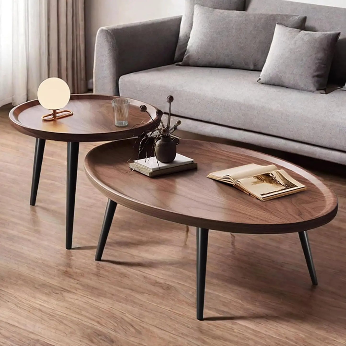 Mid-Century Modern Coffee Table, Oval + Round Side Table Set