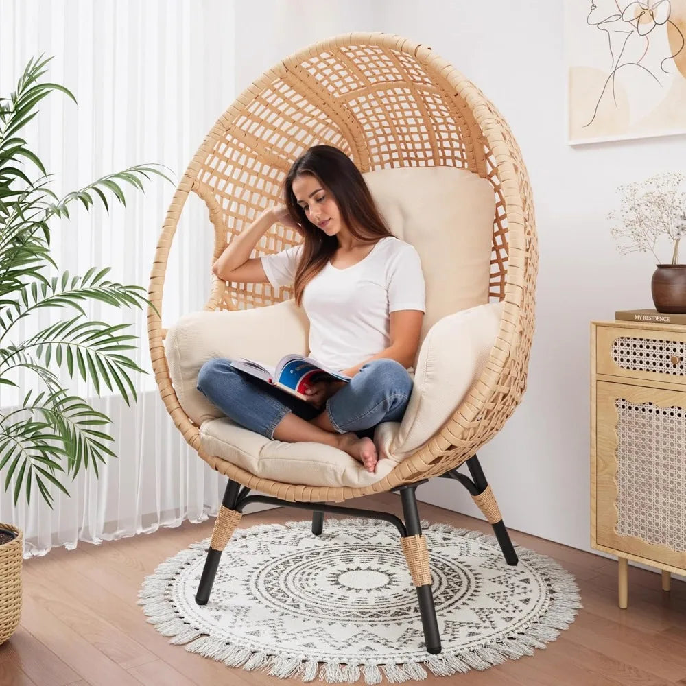 Oversized Wicker Indoor Outdoor Rattan Egg Chair with 500lbs Capacity