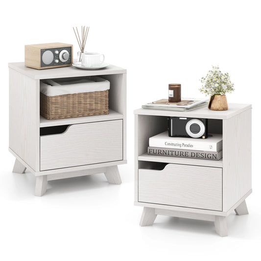 Nightstand or Sofa Side Table with Storage Shelf & Drawer, Set of 2