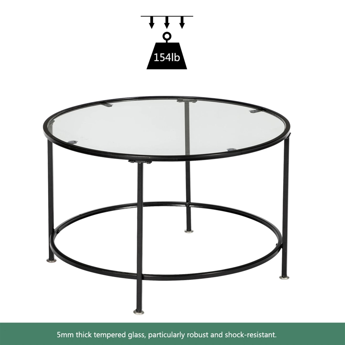2-Tier 5mm Thick Round Tempered Glass Coffee Table with Black Wrought-Iron Frame