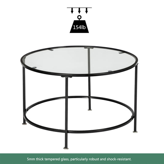 2-Tier 5mm Thick Round Tempered Glass Coffee Table with Black Wrought-Iron Frame
