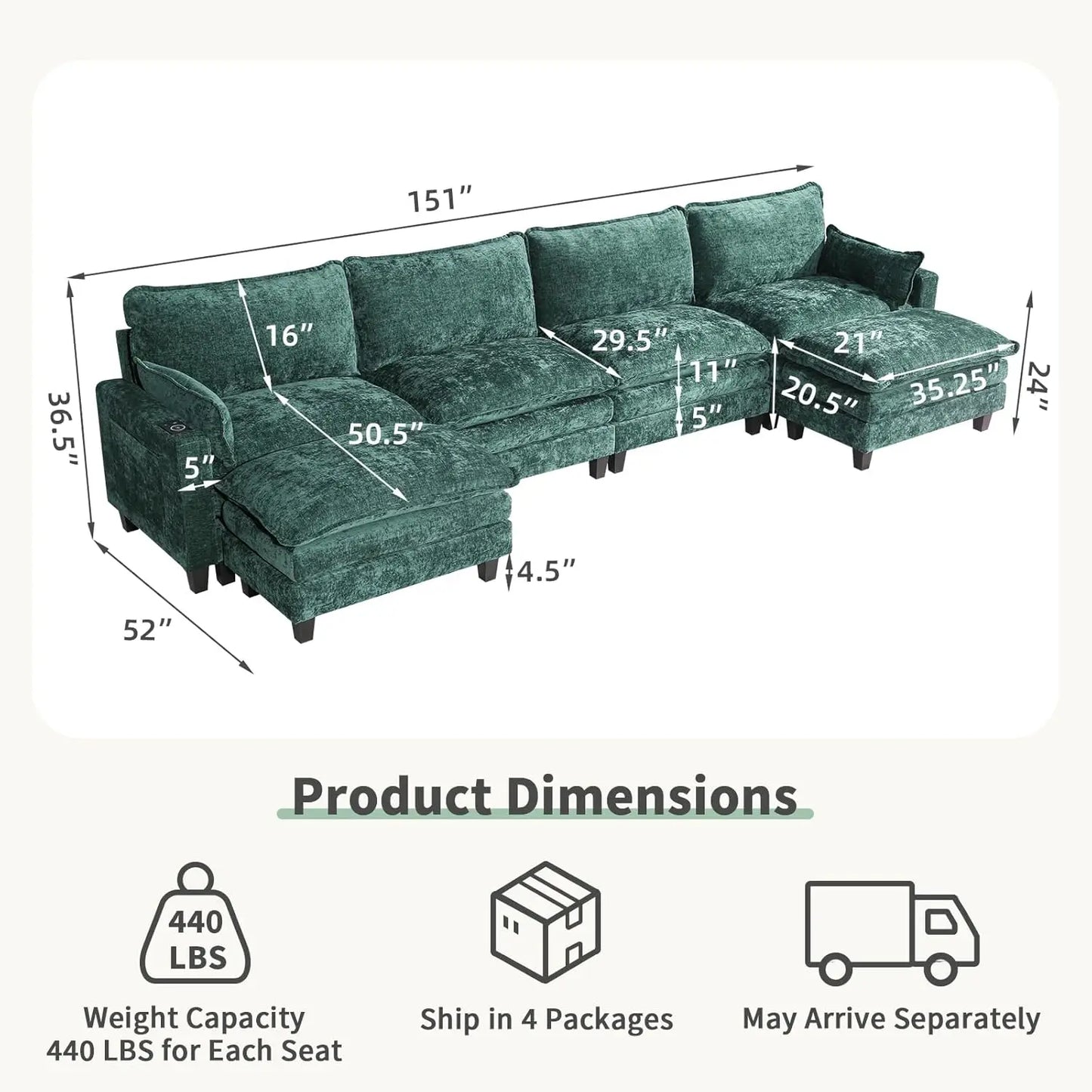 151" Chenille Sectional Sofa with 2 Ottomans