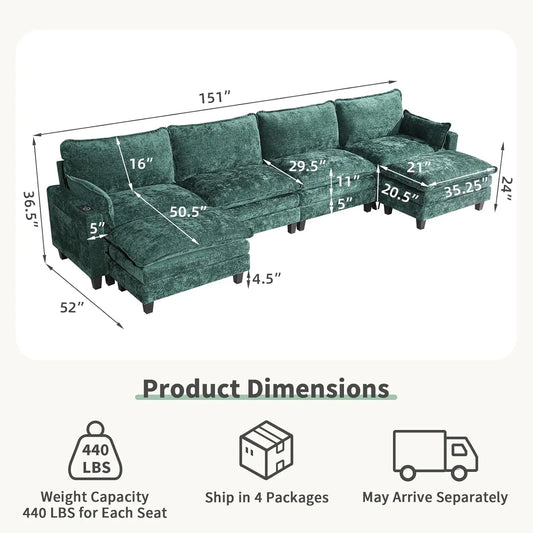 151" Chenille Sectional Sofa with 2 Ottomans