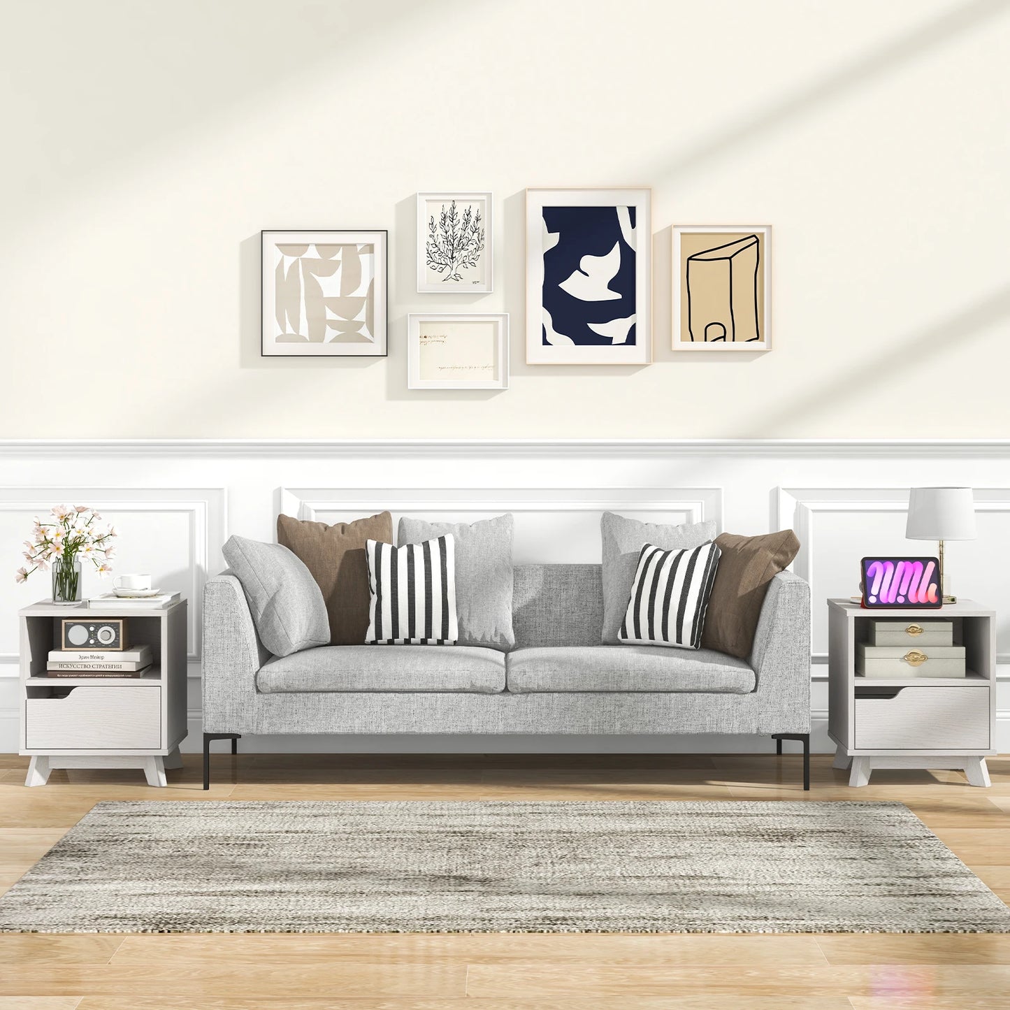 Nightstand or Sofa Side Table with Storage Shelf & Drawer, Set of 2