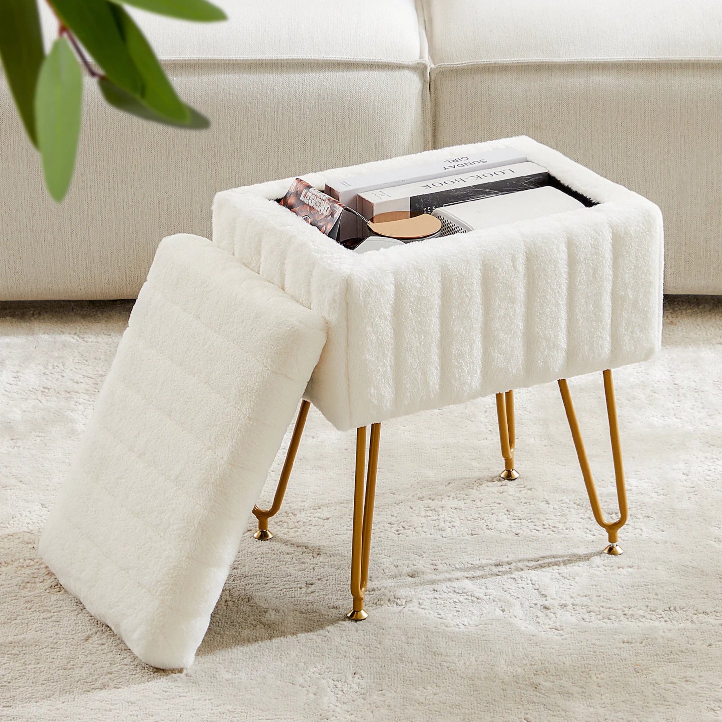 JHK Faux Fur Hidden Storage Stools & Ottomans with 4 Metal Legs Anti-Slip Adjustable Feet
