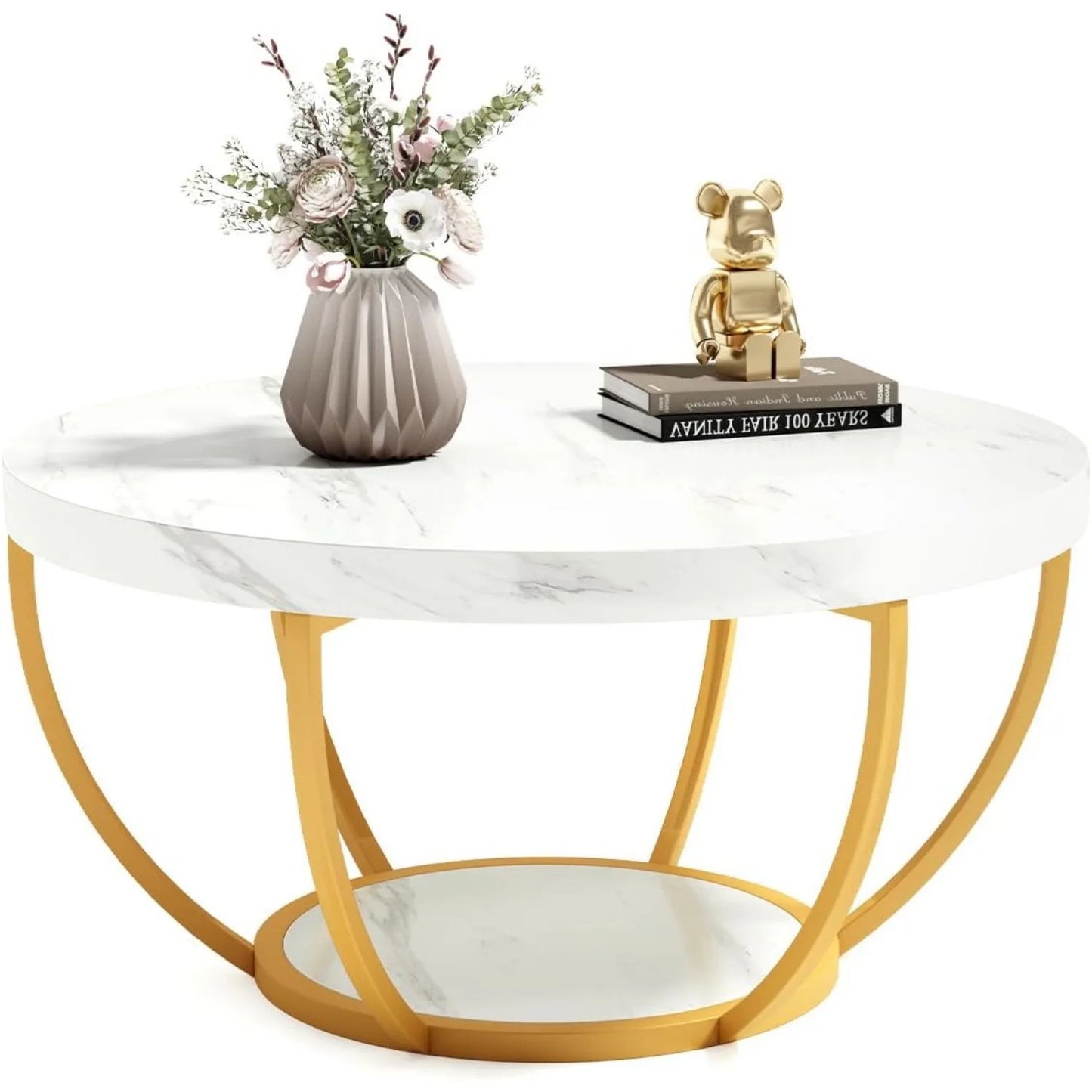 32" Circle 2-Tier Marble Coffee Tables with Golden Metal Legs
