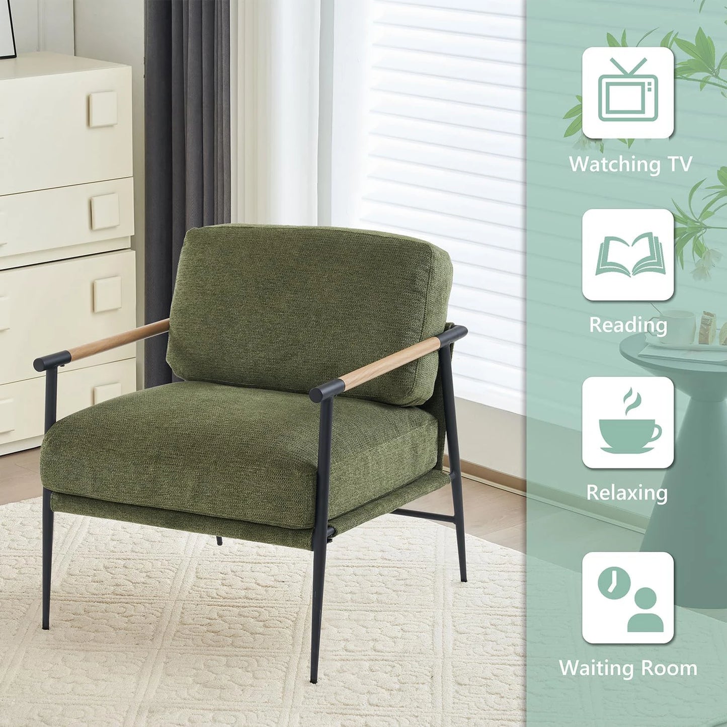 Mid Century Modern Accent Armchair with Chenille Upholstery and Metal Legs