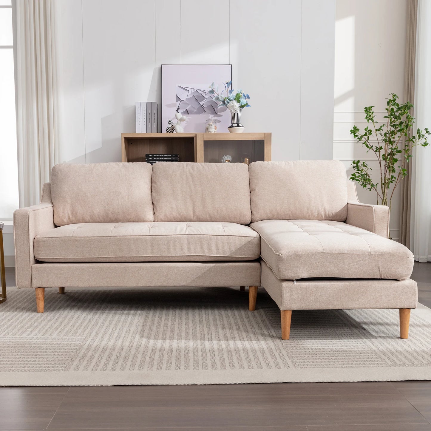 Modern 84" L-Shaped Sectional Sofa and Chaise Lounge with Solid Wood Base