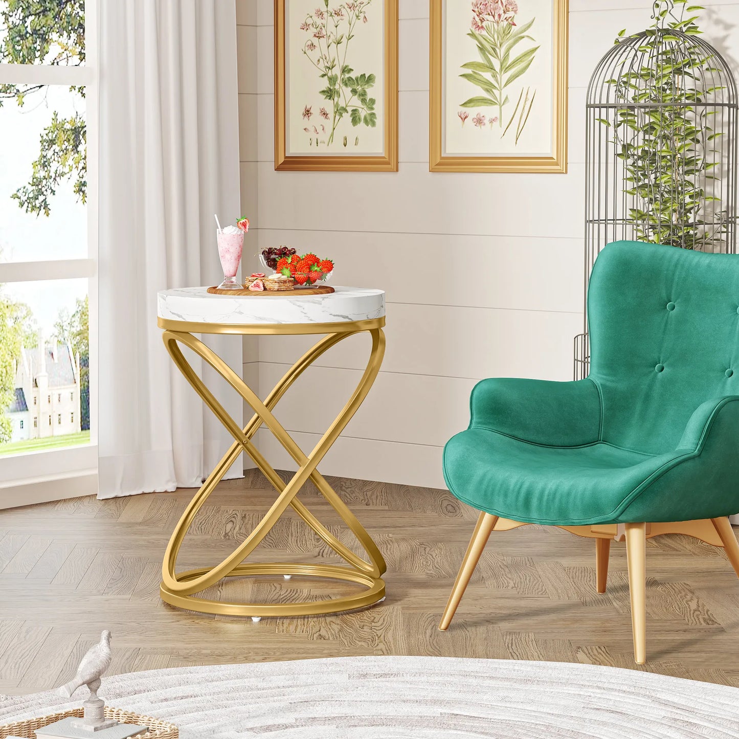 26" Faux Marble Top Round End Table, Nightstand with Gold Frame