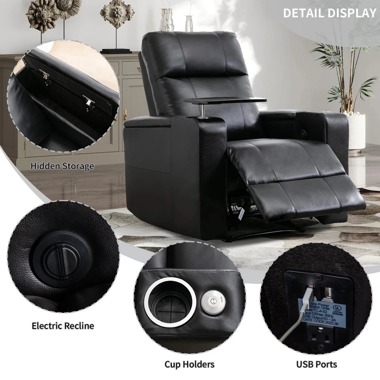 EBELLO Electric Leather Reclining Chair with Cup Holders and USB Ports