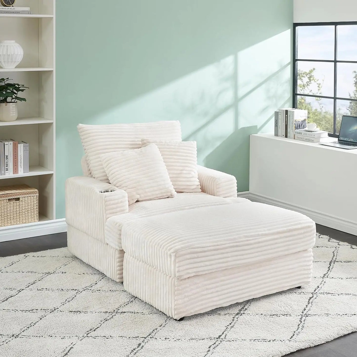 39" Wide Plush Corduroy Oversized Armchair with Ottoman with Cup Holder