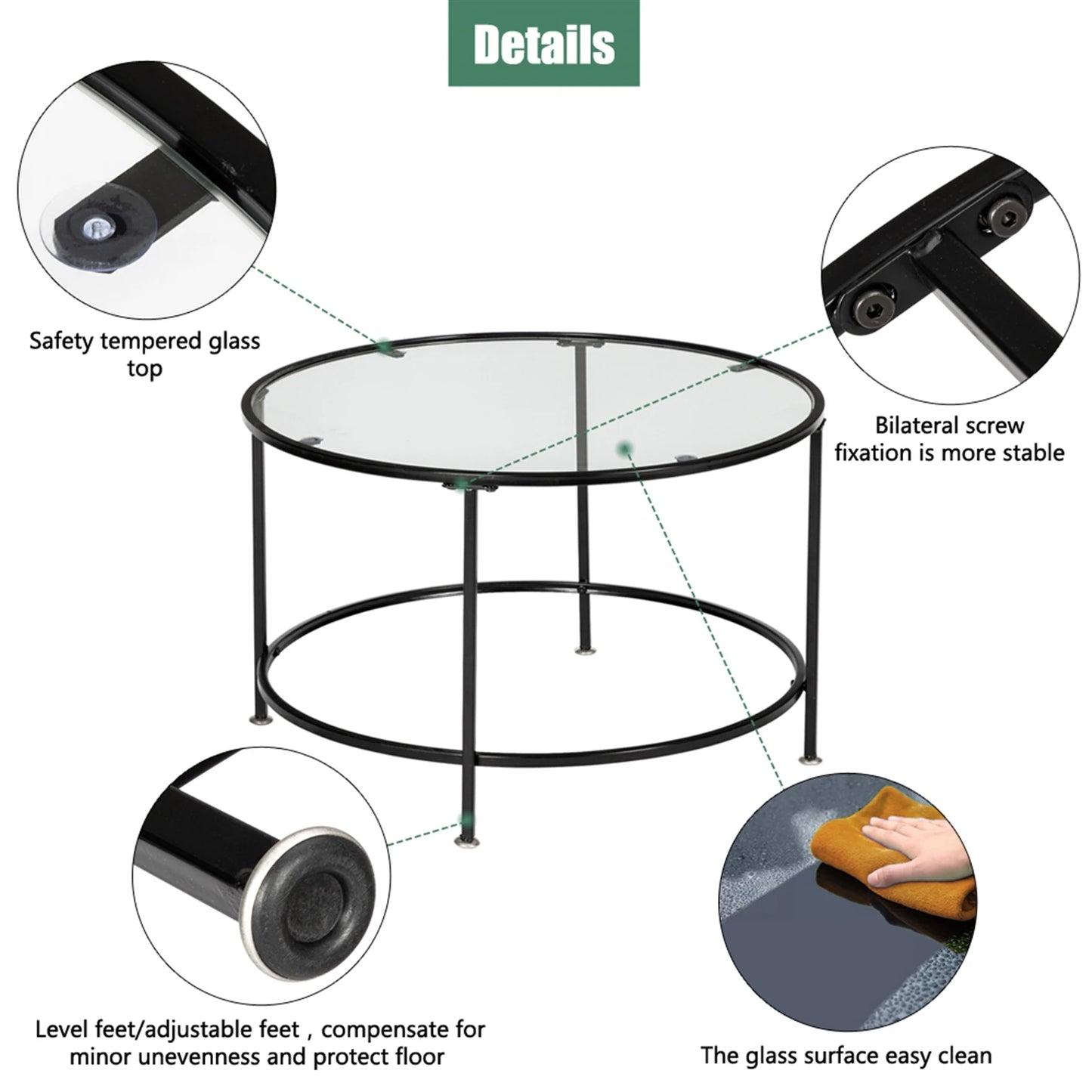 2-Tier 5mm Thick Round Tempered Glass Coffee Table with Black Wrought-Iron Frame