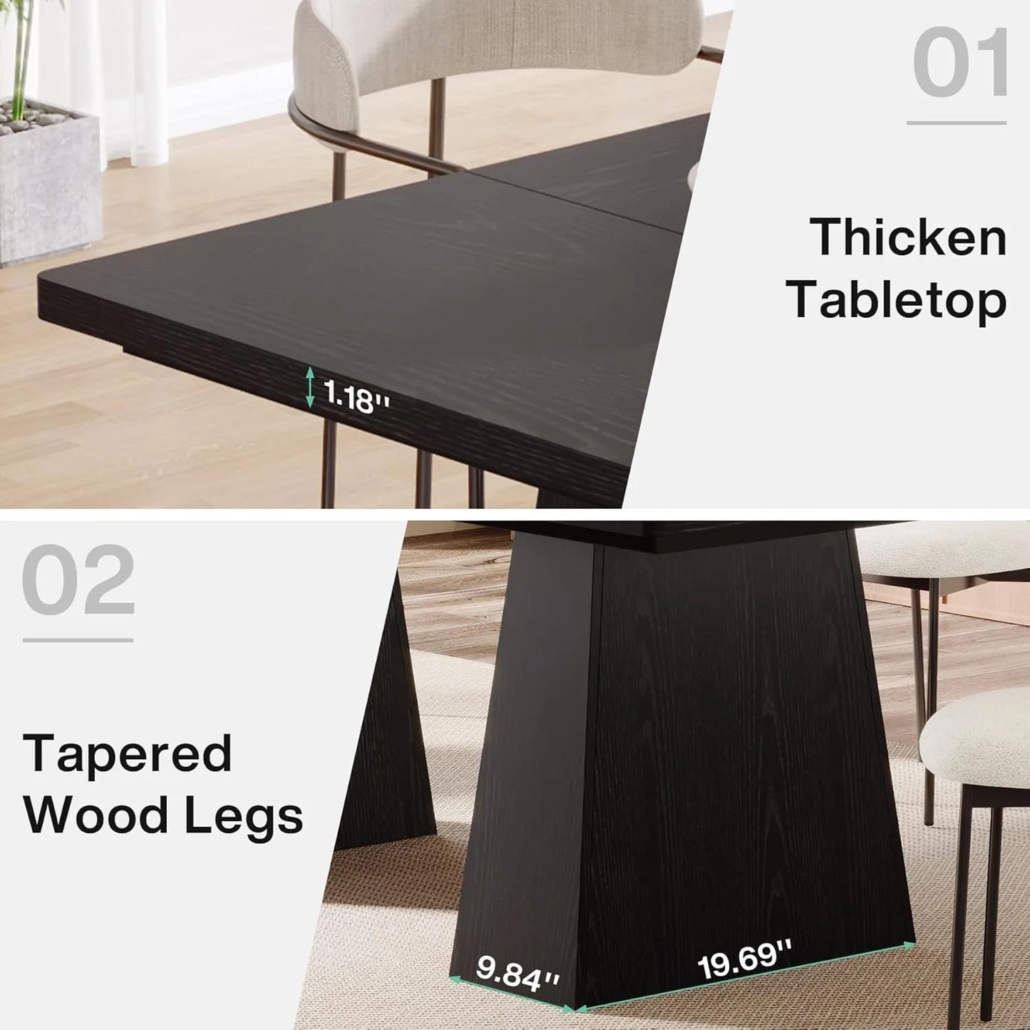 Modern 63-Inch Black Dining Table with Tapered Wood Legs