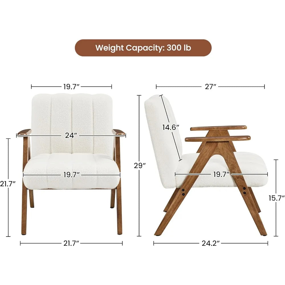 Mid Century Modern Boucle Accent Chair Set of 2 with Solid Wood Legs