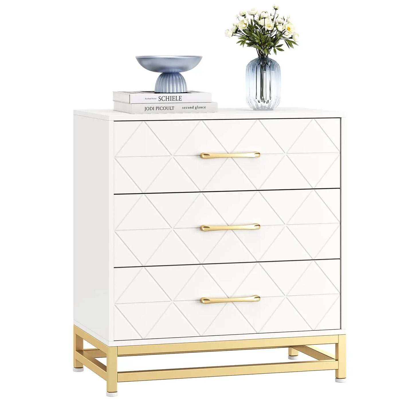 Modern Wood 3 Drawer Chest of Drawers with Gold Metal Handles