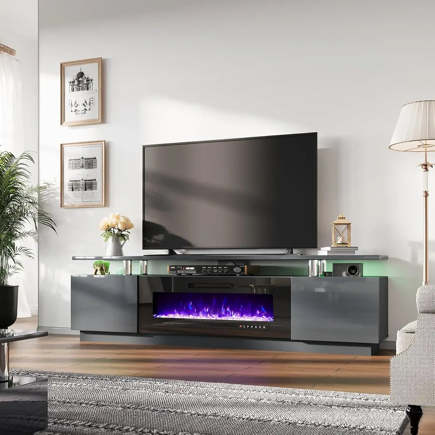 Modern High Gloss Fireplace Entertainment Center LED Lights