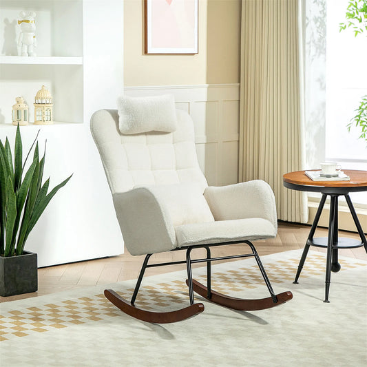 Homcom Boucle Rocking Chair with Headrest and Lumber Pillow Cream