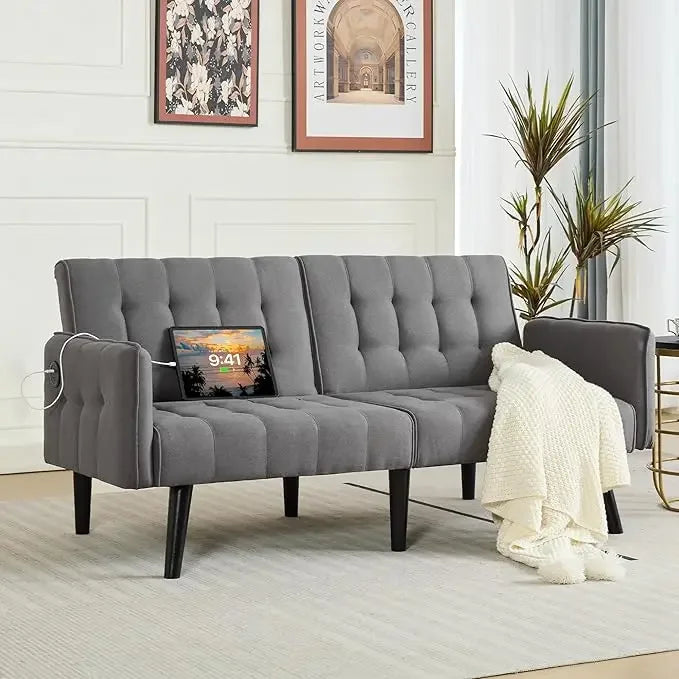Faux Leather Convertible 65'' Folding Futon Sofa Bed w/ 2 USB, Loveseat for Small Spaces