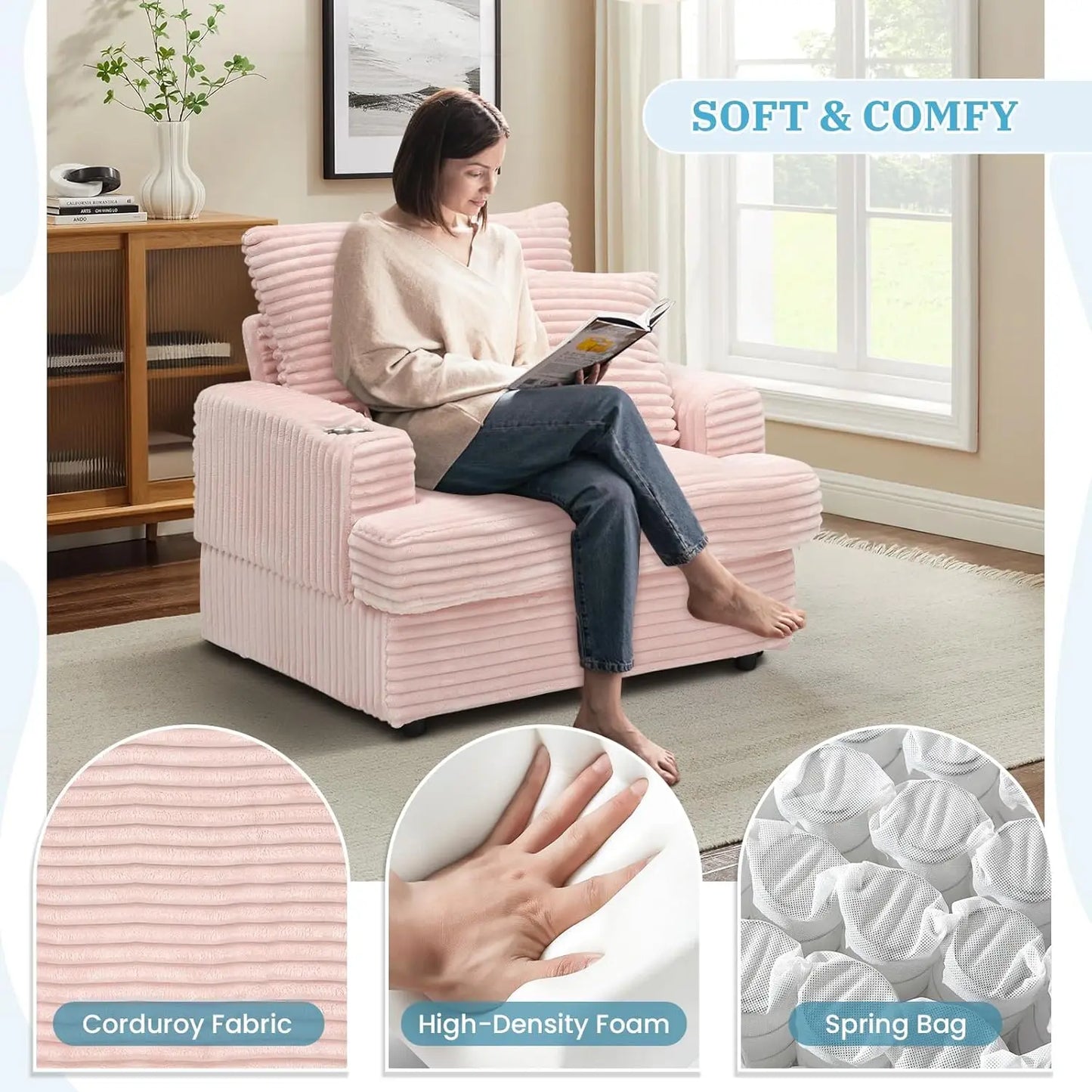 39" Wide Plush Corduroy Oversized Armchair with Ottoman with Cup Holder