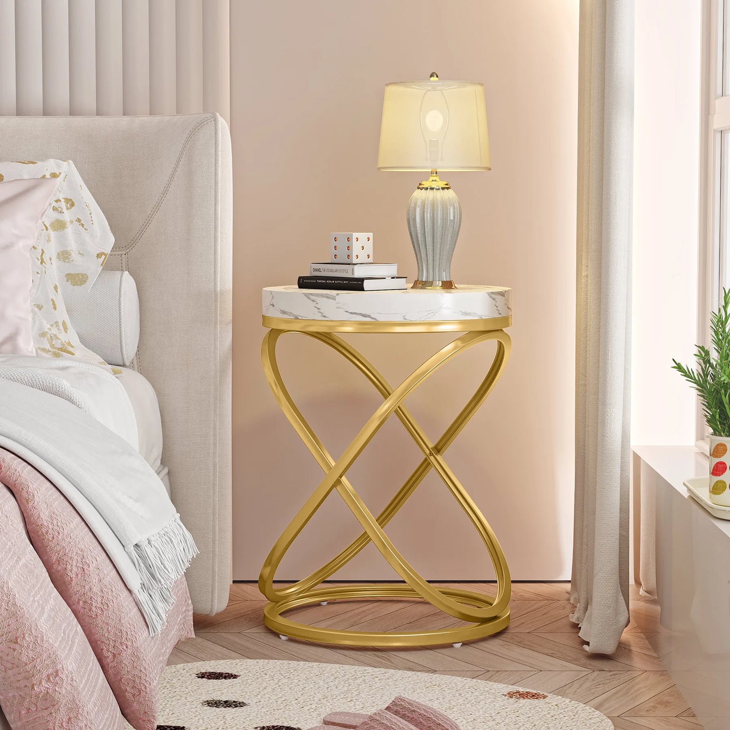 26" Faux Marble Top Round End Table, Nightstand with Gold Frame