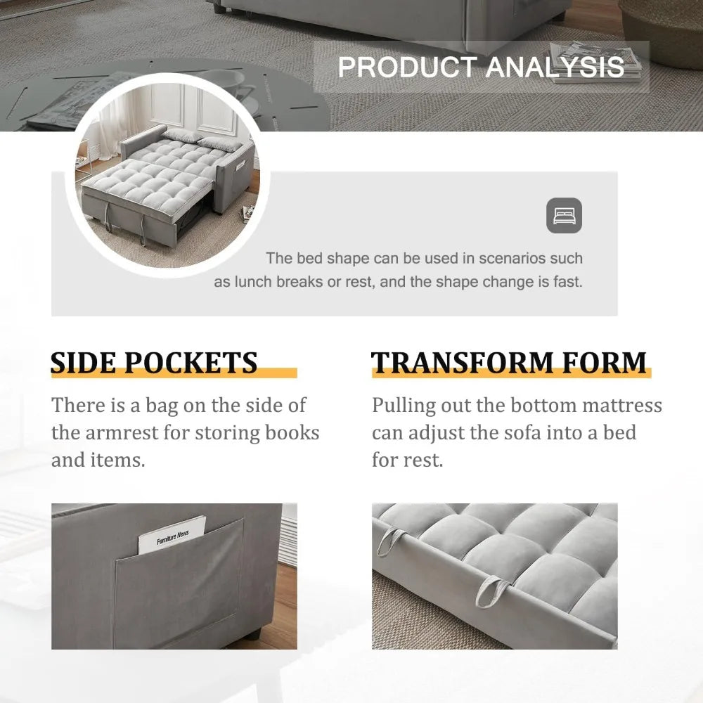 Modern Velvet Futon Sofa Bed 3 in 1 Convertible with Adjustable Backrest