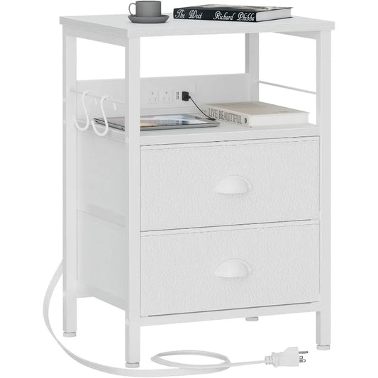 End Table/Night Stand with Charging Station and Fabric Drawers