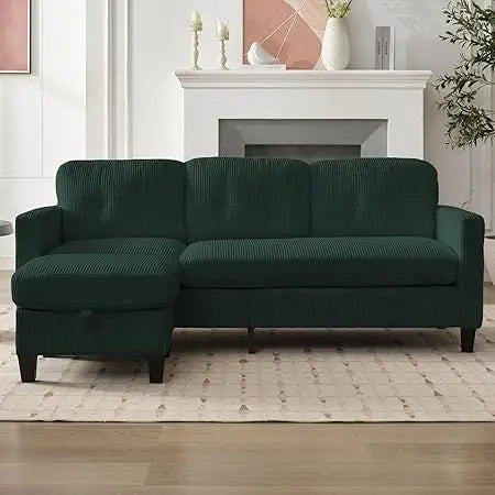 3 Seater Corduroy L-Shaped Couch with Reversible Storage Ottoman