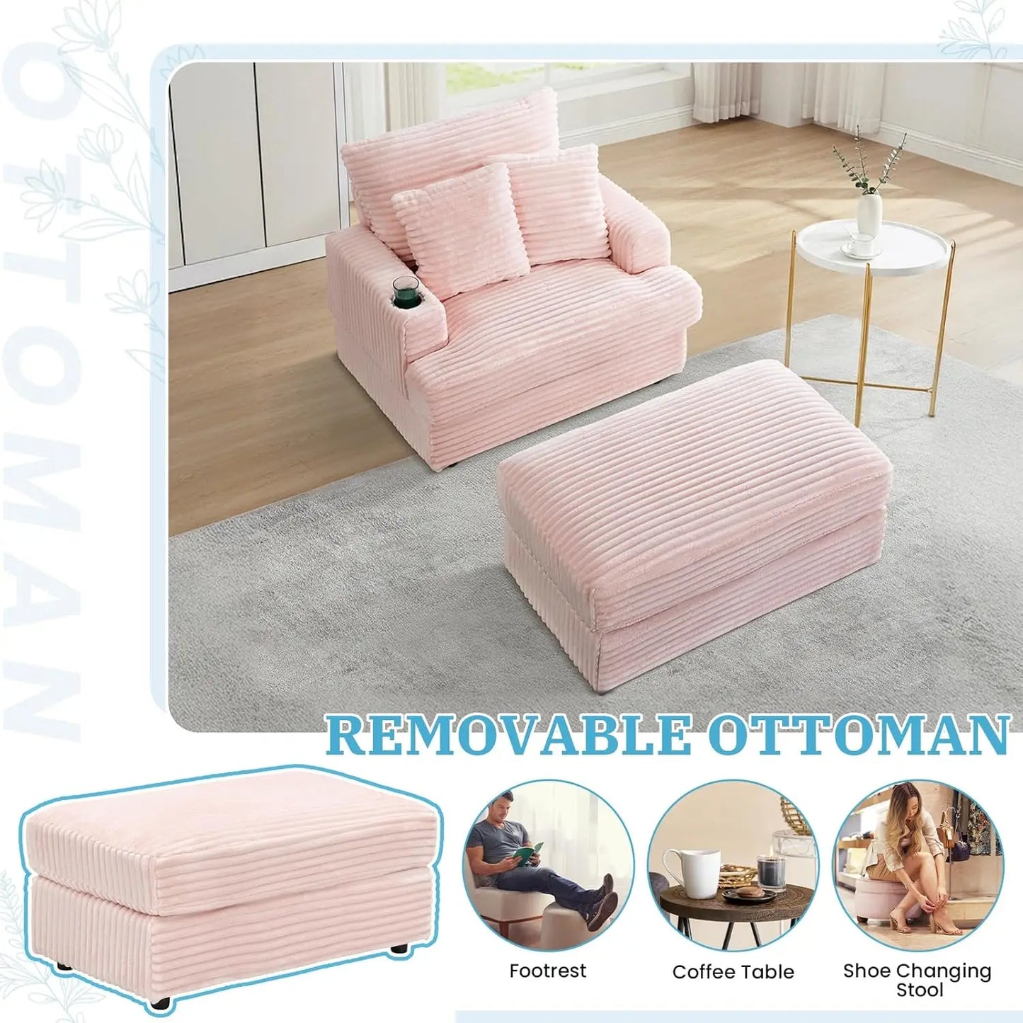 39" Wide Plush Corduroy Oversized Armchair with Ottoman with Cup Holder