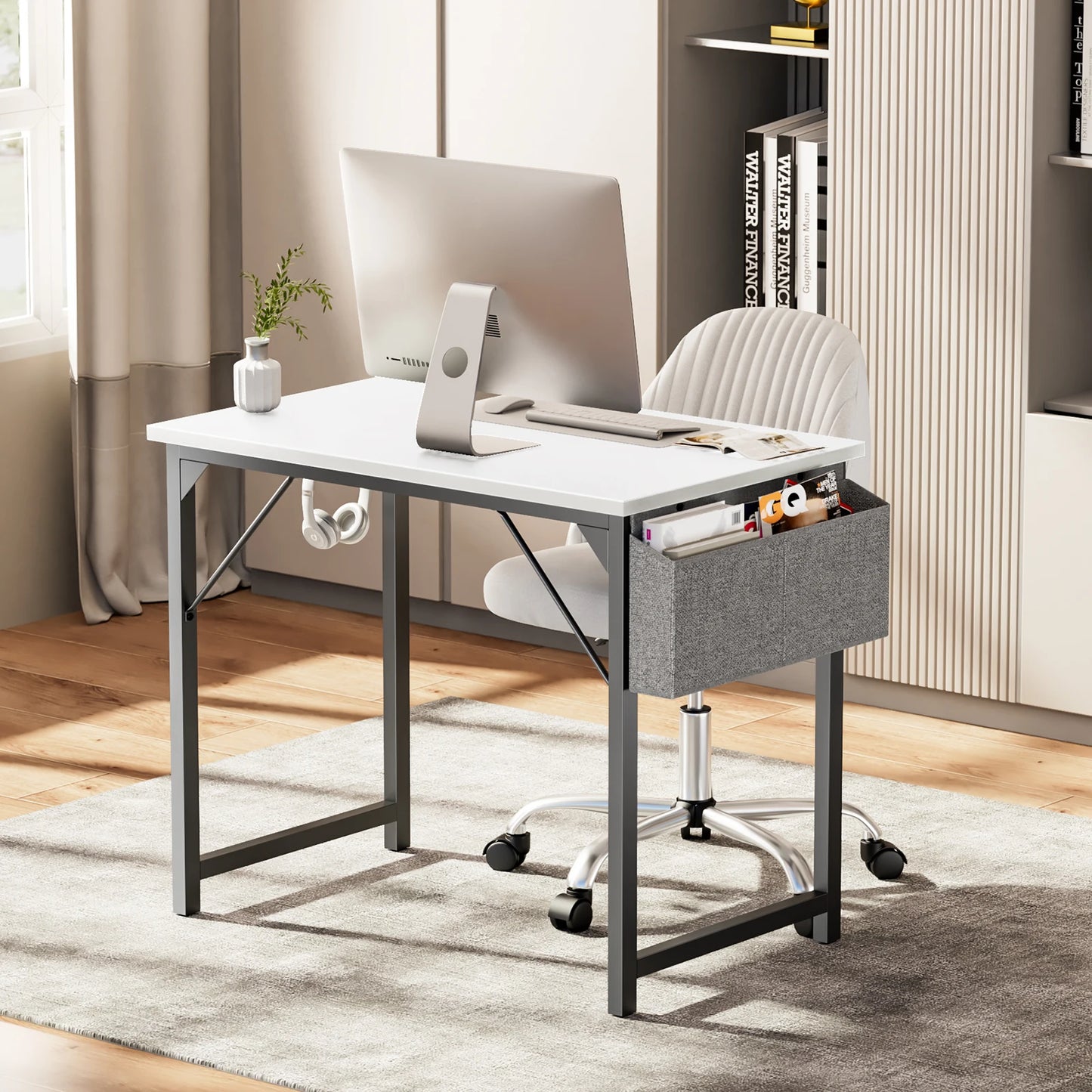 JHK Compact Computer Desk with Side Bag and Headphone Hook