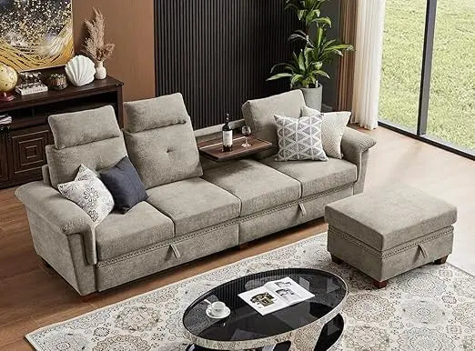 Modern Convertible L Shaped Sectional 4 Seat Sofa with Storage and Cup Holder