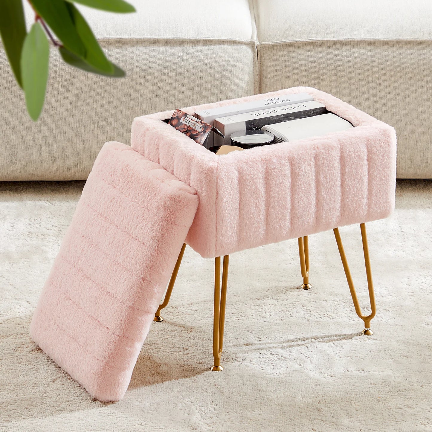JHK Faux Fur Hidden Storage Stools & Ottomans with 4 Metal Legs Anti-Slip Adjustable Feet