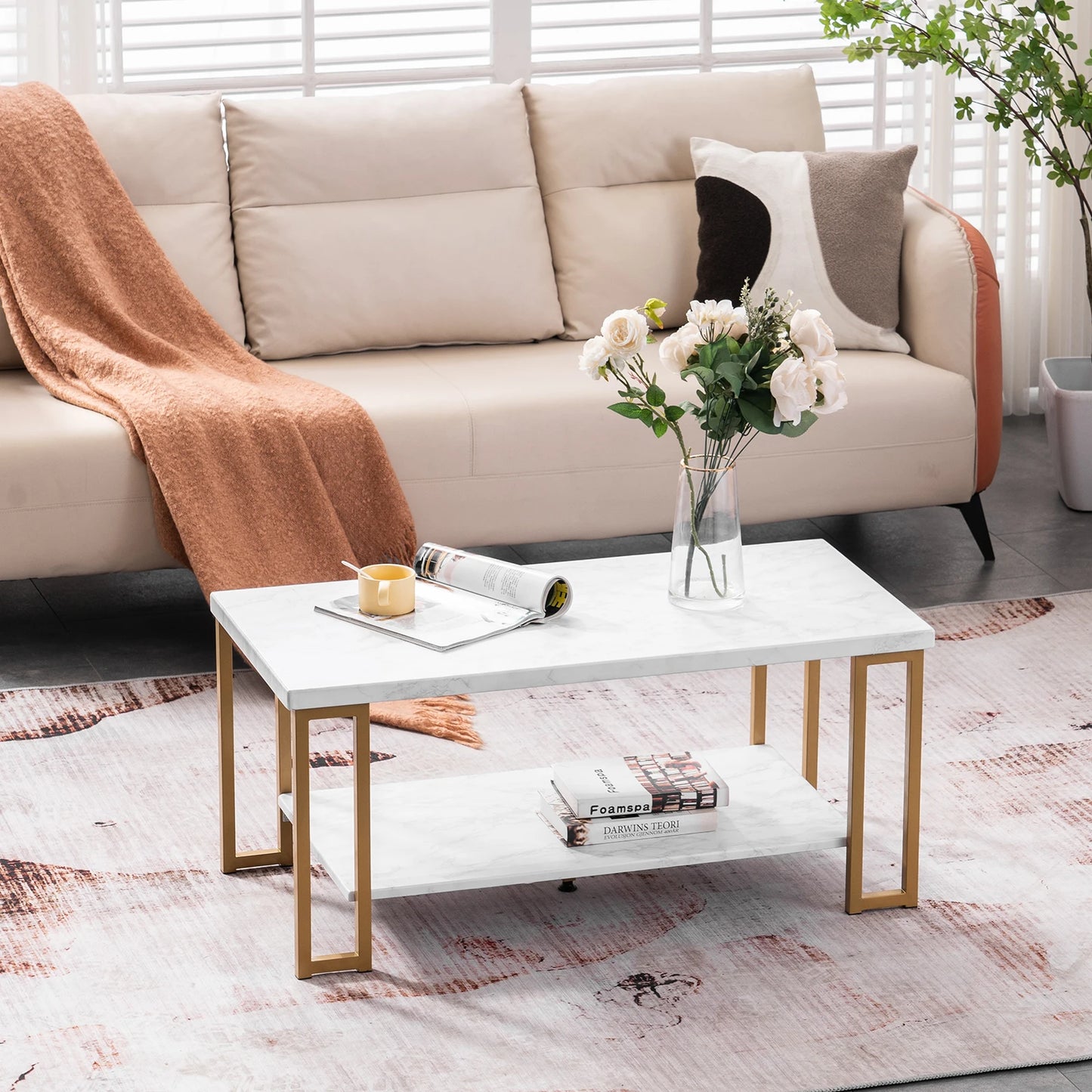 (106 x 50 x 48cm) Simple 2-Tier Golden Iron Pipe Faux Marble PVC Coffee Table
