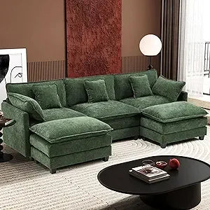 111.4" Modern 5-Seat U Shaped Chenille Deep Seat Cloud Sectional Sofa with 2 Ottoman and 5 Pillows
