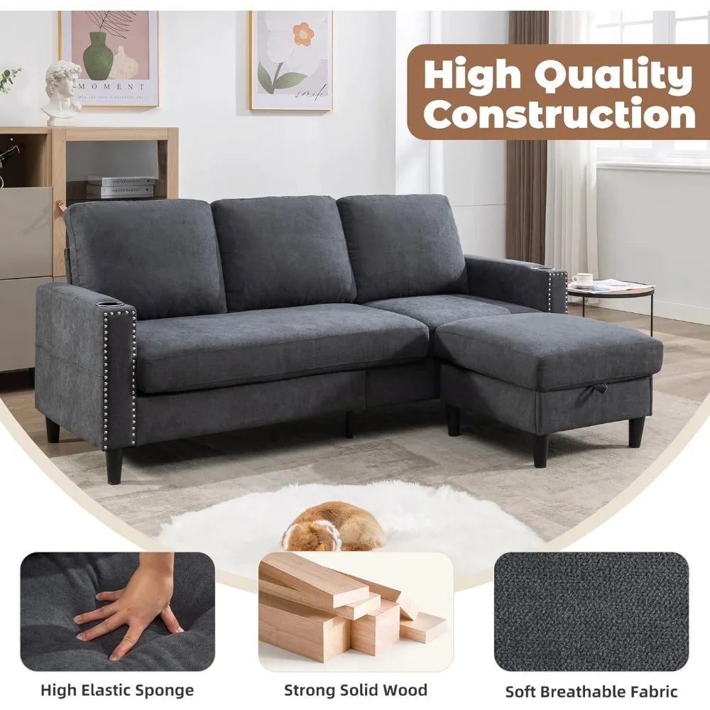L-Shaped Convertible Sectional Couch with Storage Chaise & 2 Cup Holders
