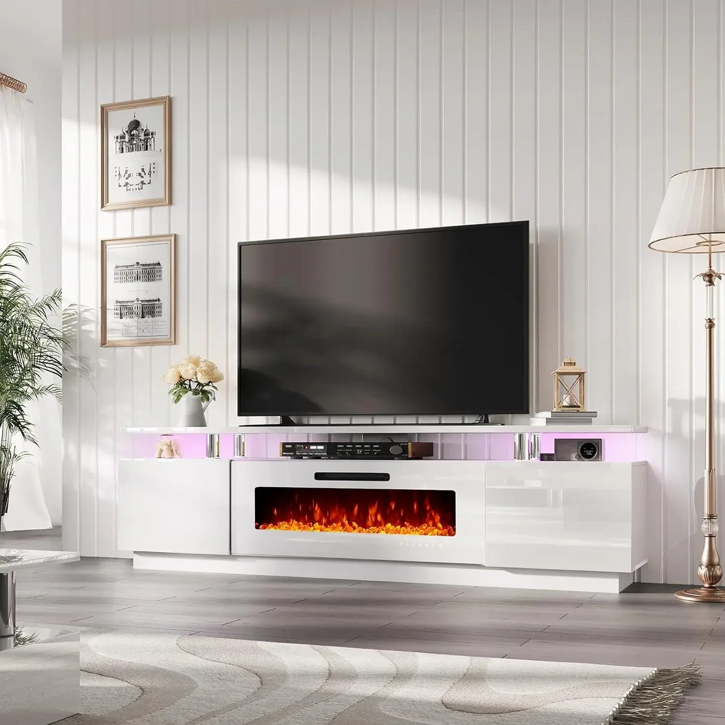 Modern High Gloss Fireplace Entertainment Center LED Lights