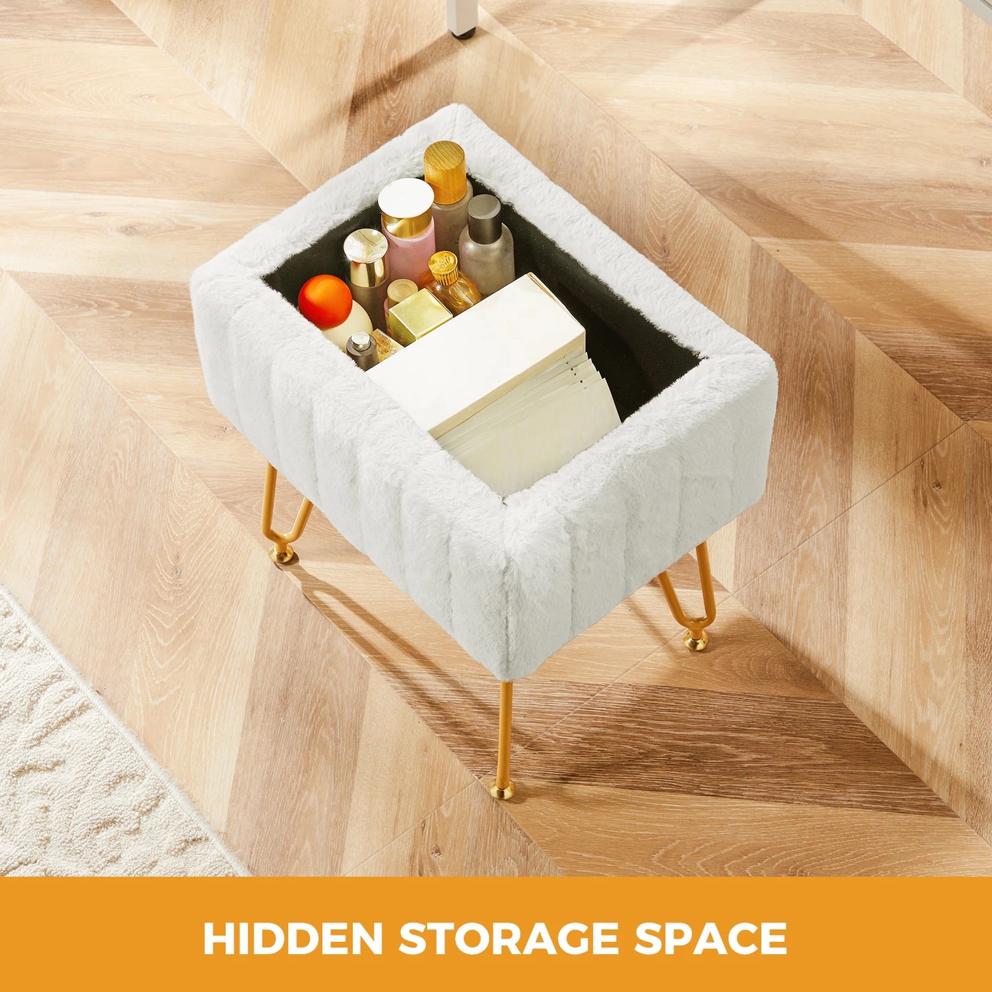 JHK Faux Fur Hidden Storage Stools & Ottomans with 4 Metal Legs Anti-Slip Adjustable Feet