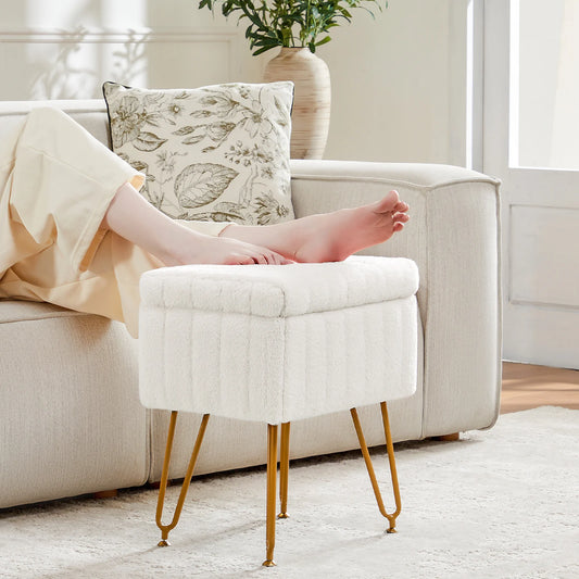 JHK Faux Fur Hidden Storage Stools & Ottomans with 4 Metal Legs Anti-Slip Adjustable Feet
