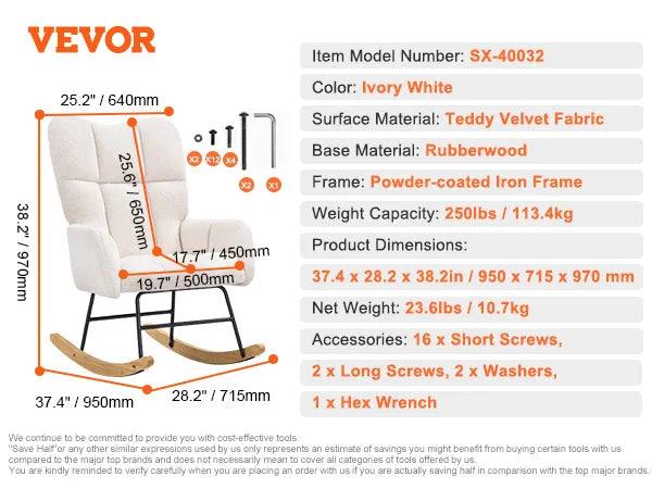 VEVOR Nursery Glider Rocking Chair 250 lbs Weight Capacity