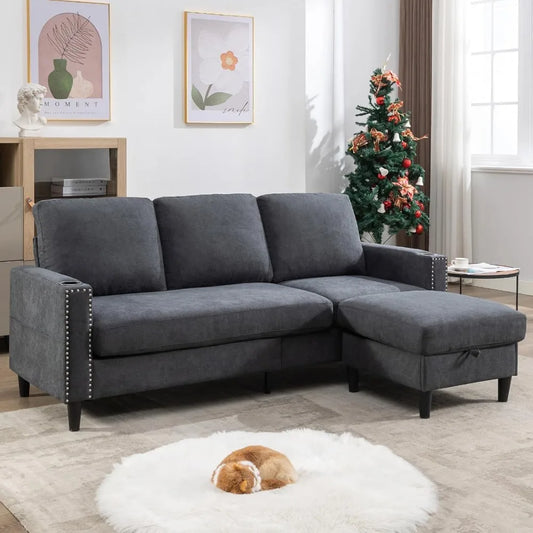 L-Shaped Convertible Sectional Couch with Storage Chaise & 2 Cup Holders