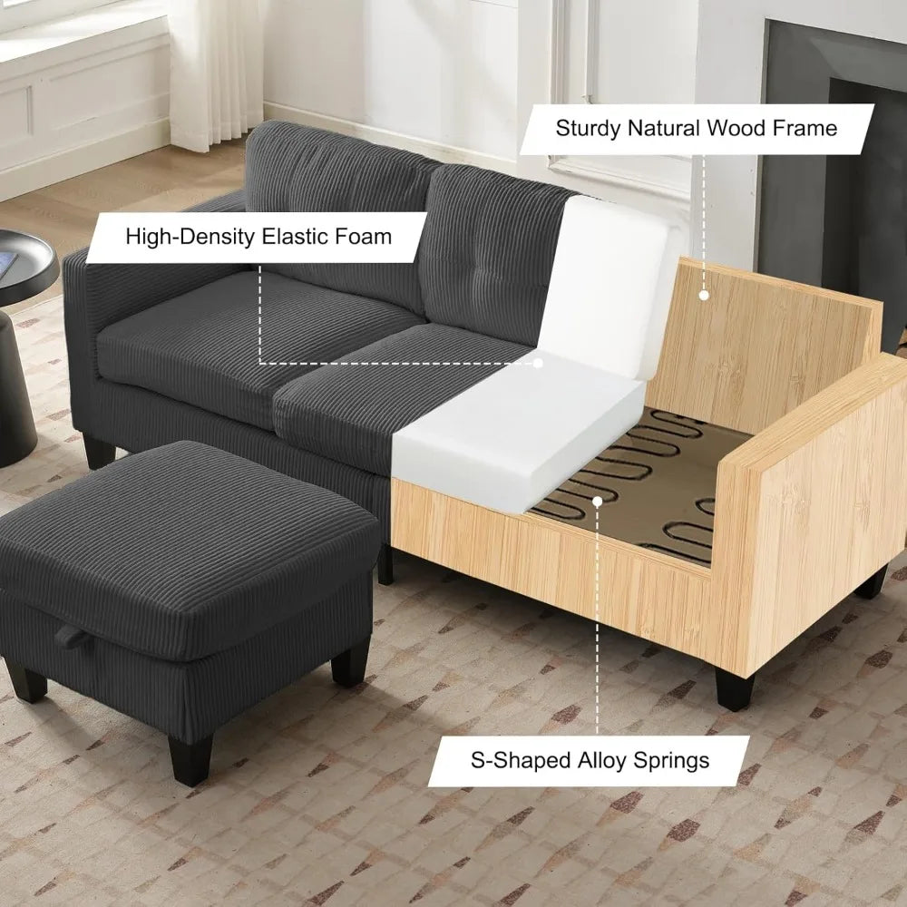 3 Seater Corduroy L-Shaped Couch with Reversible Storage Ottoman