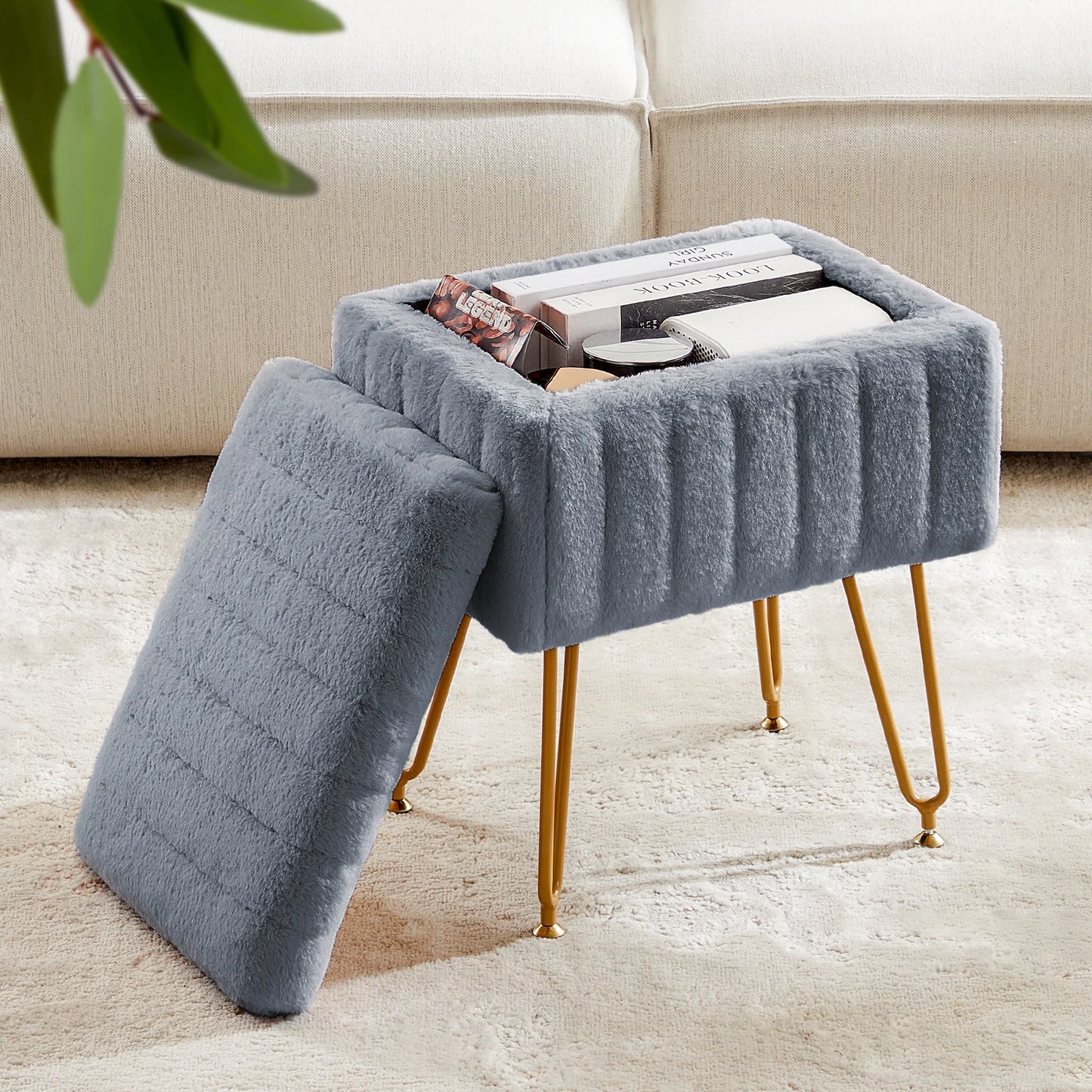 JHK Faux Fur Hidden Storage Stools & Ottomans with 4 Metal Legs Anti-Slip Adjustable Feet