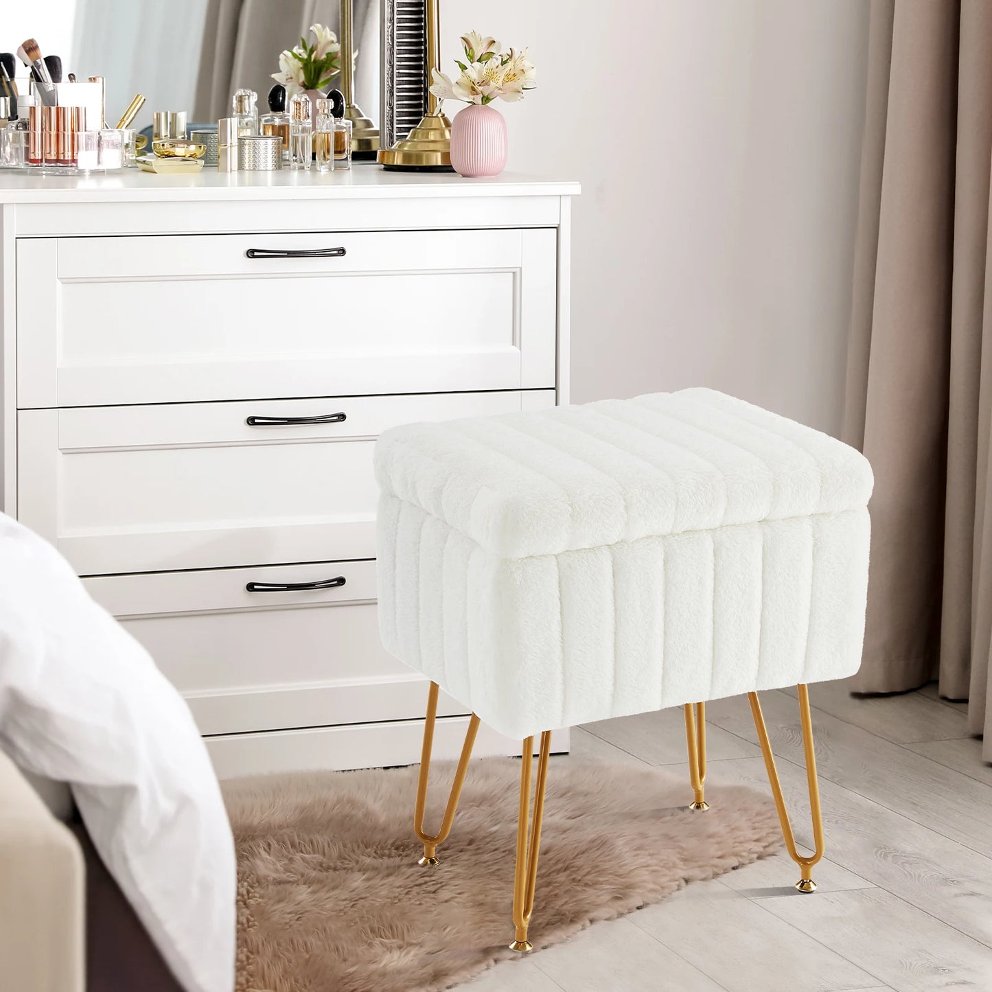 JHK Faux Fur Hidden Storage Stools & Ottomans with 4 Metal Legs Anti-Slip Adjustable Feet