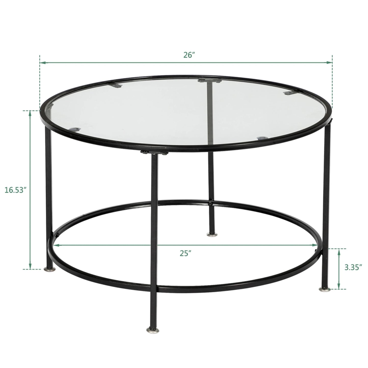 2-Tier 5mm Thick Round Tempered Glass Coffee Table with Black Wrought-Iron Frame
