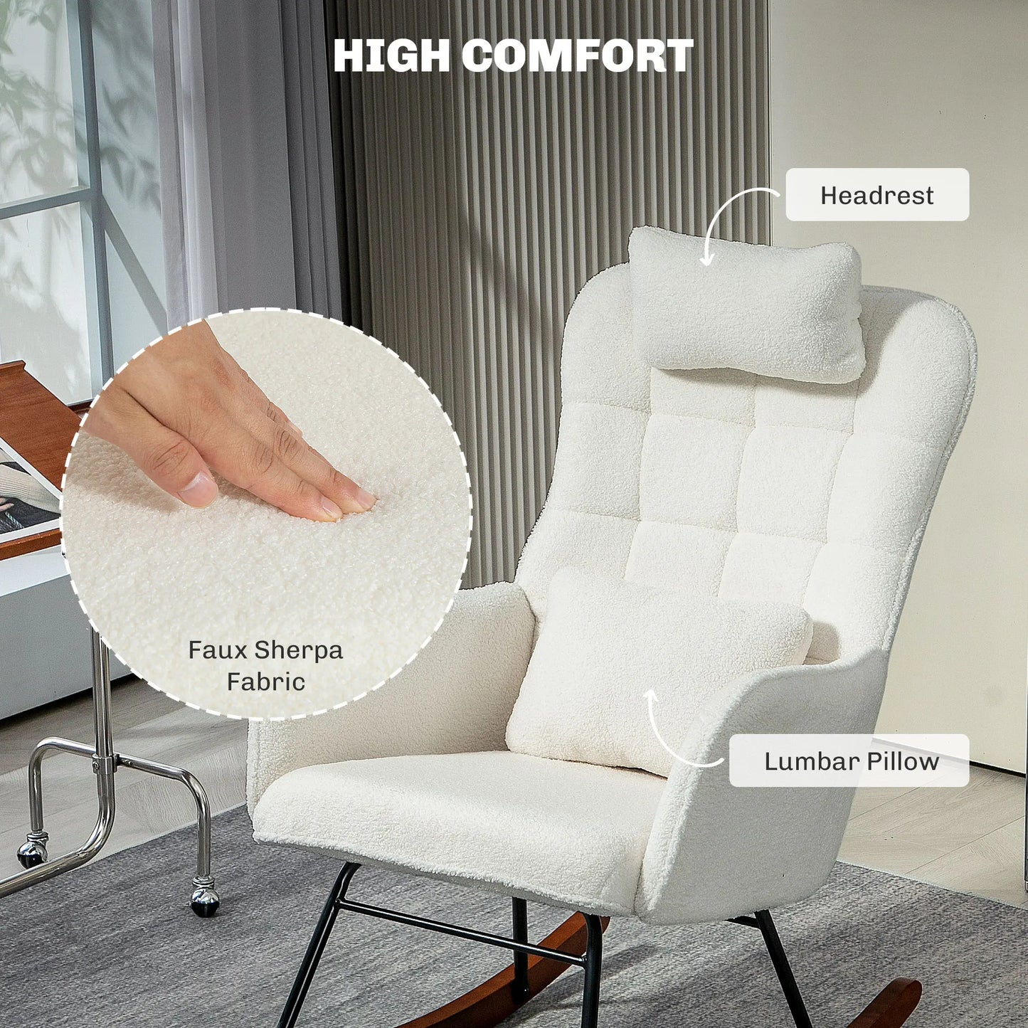 Homcom Boucle Rocking Chair with Headrest and Lumber Pillow Cream