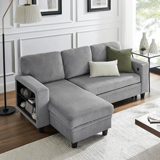 80” Convertible L-shaped Sleeper Sofa with Bookshelves and USB Charging Port