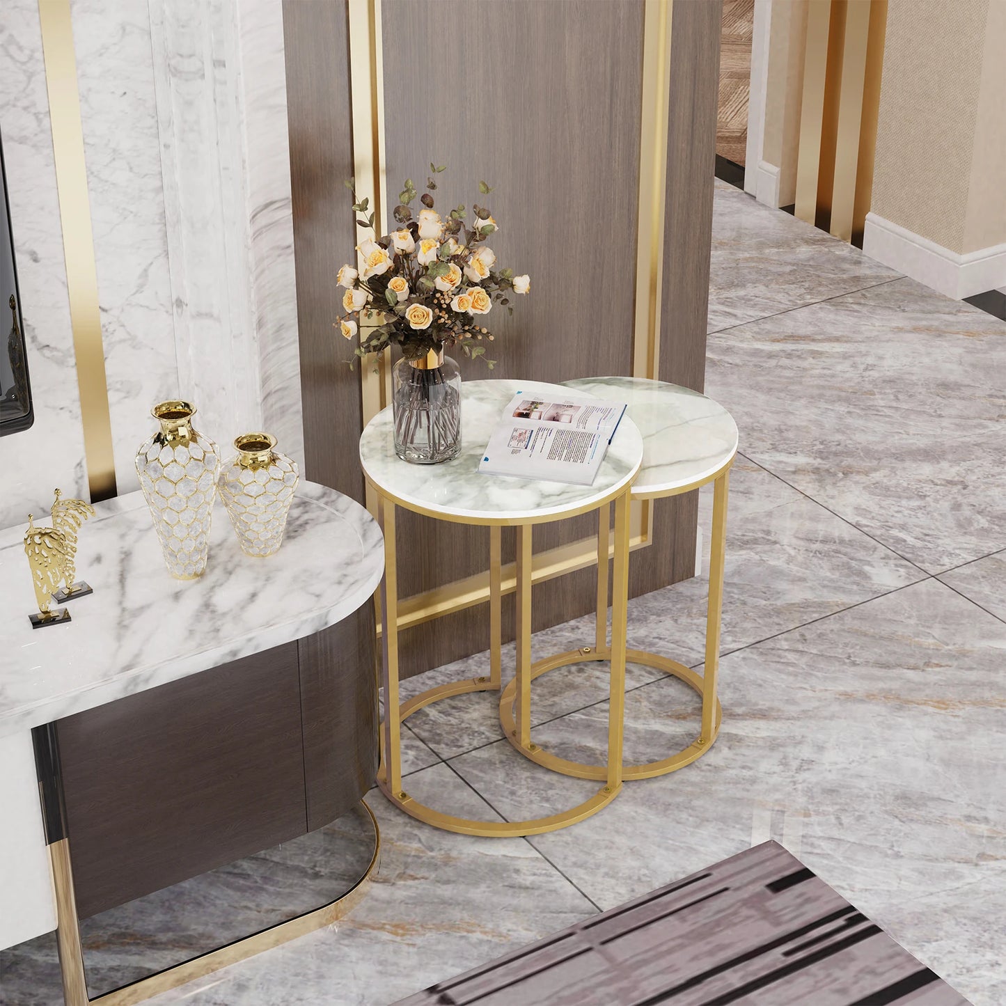 Set of 2 Sintered Stone Round Metal Base Nesting Side Table