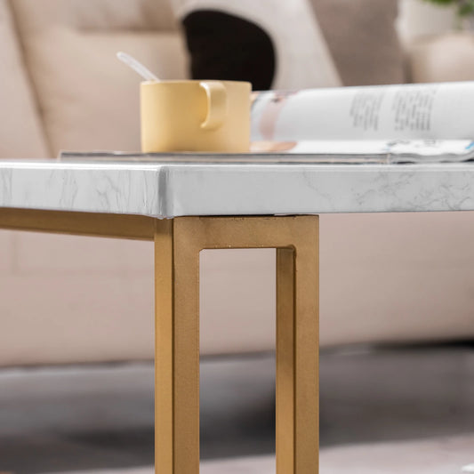 (106 x 50 x 48cm) Simple 2-Tier Golden Iron Pipe Faux Marble PVC Coffee Table